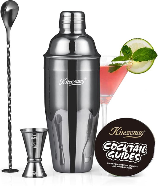 KITESSENSU Cocktail Shaker Set, Stainless Steel Martini Shaker Set with 24 Ounce Cocktail Mixer with Drink Shaker, Measuring Jigger, Bar Spoon & Drink Recipe Guide, Black