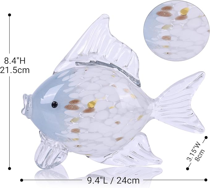 9.4 in Blown Colored Glass Fish Statue, Blue Glass Fish Paperweight Sculpture for Modern Home Decor, Living Room Coffee Table, Office Desk, Dining Table Centerpiece (C)