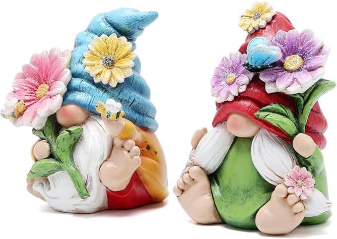 Hodao 2pcs 4" H Spring Summer Gnome Garden Decorations- Tomte Elf Fall Gnome Decorations Gifts -Swedish Elf Dwarf Figurine Table Gnome Decor Indoor Home Decorations (Gnome Color 1)