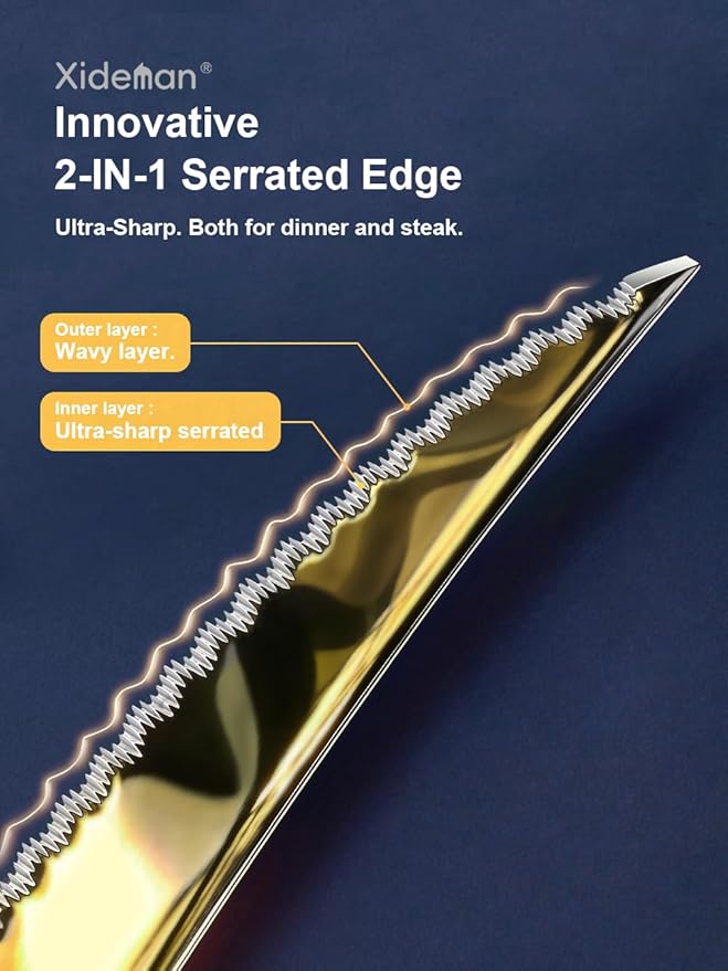 16-Piece Modern Champagne Gold Hammered Silverware Set with Ultra Sharp 2-IN-1 Serrated Knive, Golden 18/10 Stainless Steel Flatware Set, Utensil Cutlery Set for 4 Person, Forks Spoons Knives