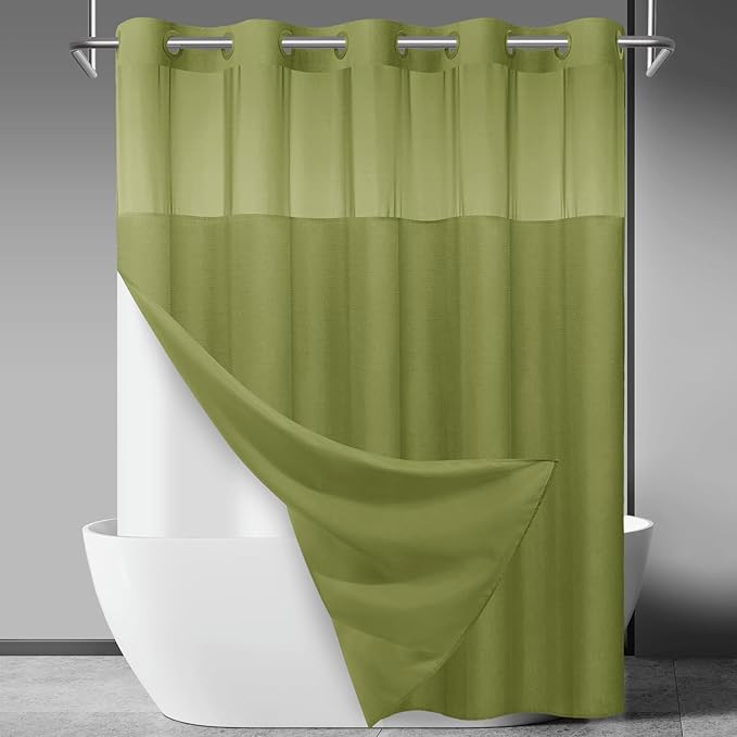 No Hook Slub Textured Shower Curtain with Snap in Liner - Olive Fabric Outer Curtain & Waterproof Inner Liner, Hotel Style with See Through Top Window, 71x74 in