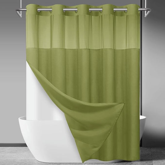 No Hook Slub Textured Shower Curtain with Snap in Liner - Olive Fabric Outer Curtain & Waterproof Inner Liner, Hotel Style with See Through Top Window, 71x74 in
