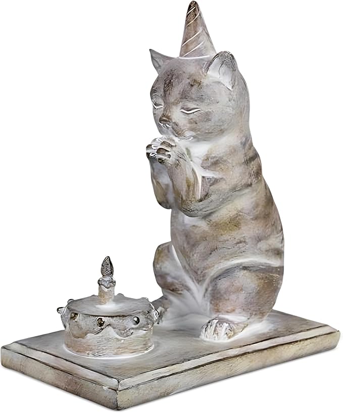Young's Inc. Cat Figurine - Cute Cat Statue - Whimsical Cat Decor for Cat Lovers - Cat Collectibles and Meditation Decor - Cat with Birthday Cake - 4.72" L x 2.56" W x 4.33" H