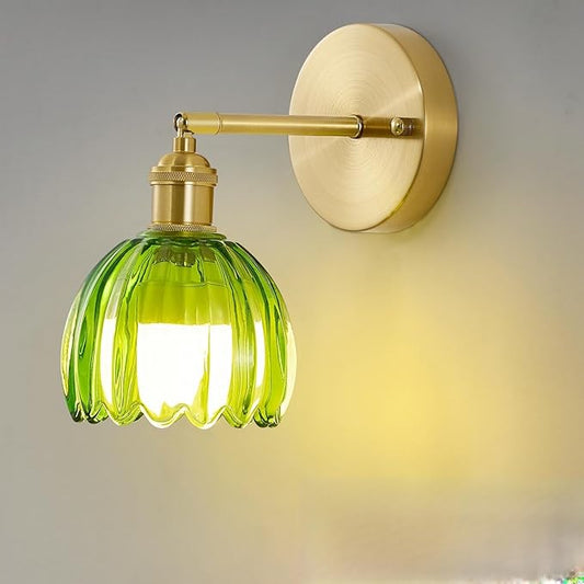 Vintage Battery Operated Wall Sconces with Remote, 180 Degree Adjustable, Modern Battery Powered Wall Lighting Fixture with Green Tulip Glass Lampshade for Bedroom Bedside Bathroom