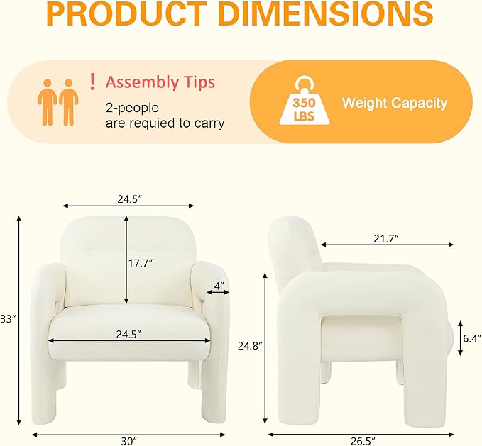 LSSPAID Accent Chairs, Modern Line Fabric Upholstered Armchairs, Comfy Leisure Reading Chair Fluffy Single Sofa Chair for Living Room, Bedrooms, Office (White, 2PCS)
