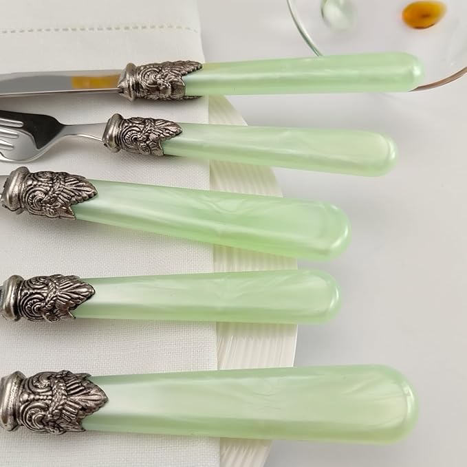 REVERIE Collection 20-piece 18/10 Stainless Steel Vintage Flatware set,Sliverware set Service for 4,Dishwasher safe(20, Green)