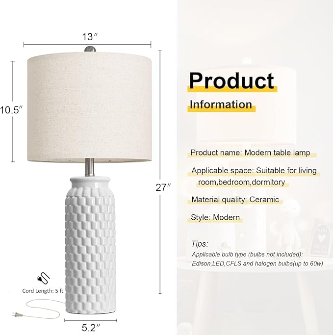 27" White Modern Ceramic Living Room Lamps Bedside Lamp Set of 2 for Bedroom Decor Farmhouse Table Lamp for Living Room Office Dorm