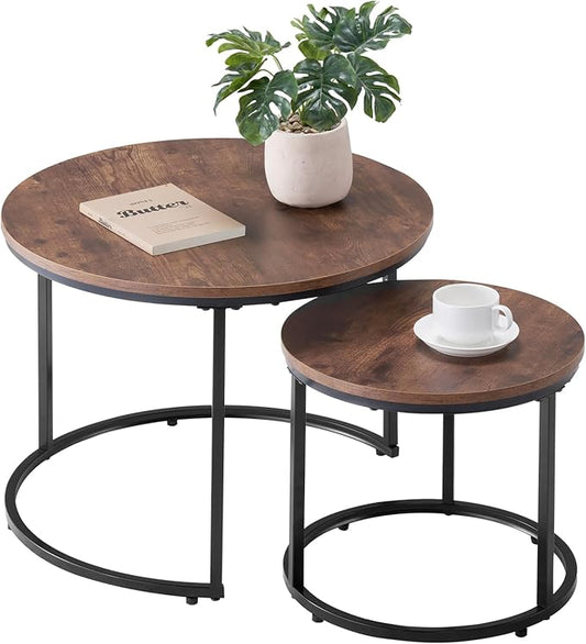 VEVOR Nesting Tables, Coffee Table Set of 2, 23.6 inch Round Coffee Table, Small Coffee Tables Night Stand with Metal Frame, for Living Room, Bedroom, Office (Brown & Black)