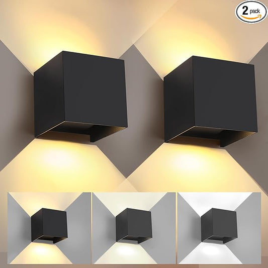 Modern Outdoor Wall Light 4.72in Indoor Wall Sconce Lights 3CCT Adjustable 3000K/4000K/6500K Up and Down Lights Outdoor Wall Sconce Wall Mount 20W Outdoor Sconces Wall Light(Black 2 Pack)