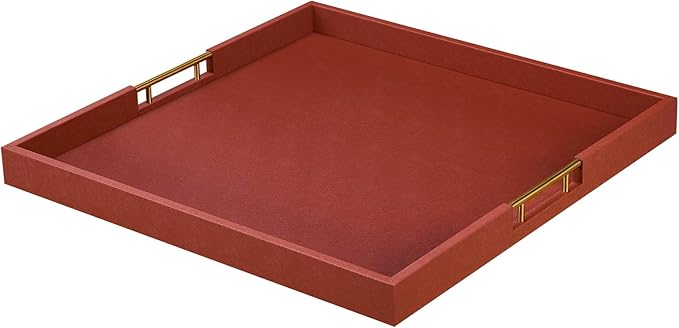 24x24 Inches Extra Large Brown Faux Leather Wrapped Wood Ottoman Tray with Golden Handles for Serving Food and Breakfast On Bed Square Coffee Table Organizer Home Decor and Decorative