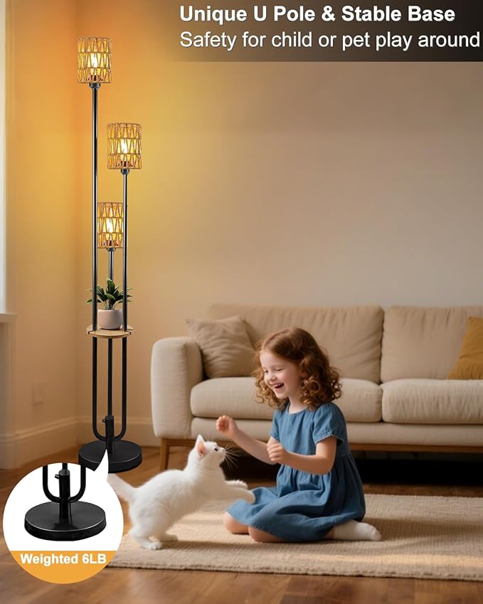 63IN Dimmable Floor Lamp with Shelf, Black Rattan Tall Standing Lamps Candle Holder Style, 3000K Warmwhite Mid Century Modern Floor Lamp for Living Room (Bulbs Included)