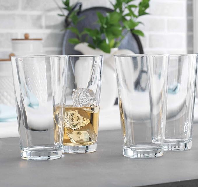 Drinking Glasses Set. Highball Glass Cups 17 oz by Home Essentials Water Colins Cooler Beverage Glassware. For the Bar, Beer, Juice, Iced Tea, and Cocktails. Dishwasher Safe. (Set of 4)