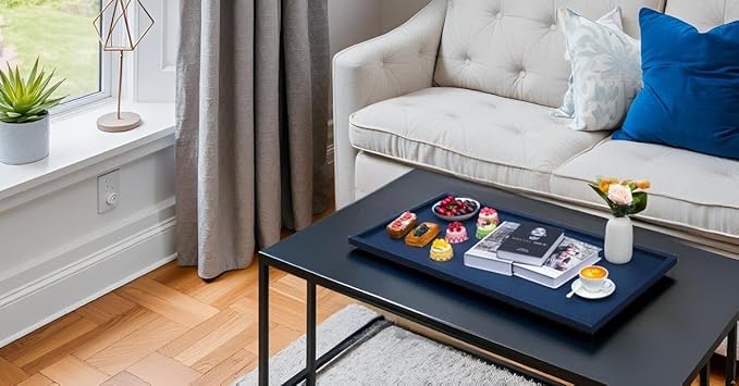 40 * 20 Inch Rectangular Ottoman Tray | Textured PU Leather, Waterproof & Heat-Resistant Storage for Coffee/Dining Tables, Sofa, Bed, Entertainment & Party (Navy Blue, 40 * 20in)