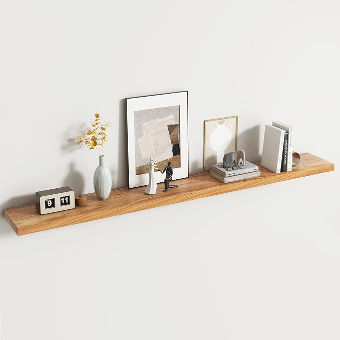 Rustic Elm Wood Floating Shelf for Wall, Flat Edge 72"W x 9.2"D x 1.4"H, 1 Pack with Invisible Bracket, Large Wall Mounted Storage Shelf for Living Room Bedroom Kitchen Bathroom Decor, Natural Finish