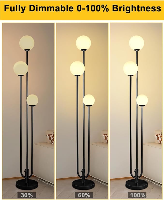 Lightdot 63IN Black Floor Lamp Dimmable with Candle Holder Style Mid Century Standing Lamps with 3 3000K Soft Warm White Bulbs Included, Modern Globe Floor Lamp for Living Room/Wedding