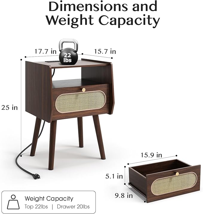 Nightstand Set of 2, Rattan Night Stands with Charging Station, Mid Century Modern Bedside Table with Drawer, Boho Dark Brown End Table with Storage, Wood Side Table for Bedroom, Dark Walnut