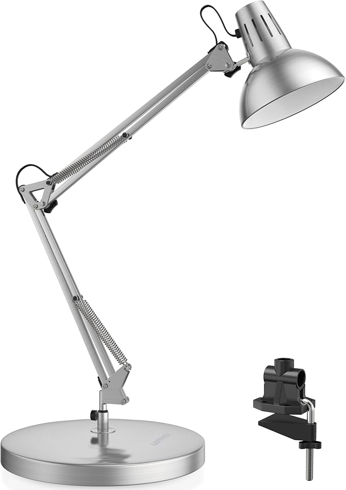 LEPOWER Metal Desk Lamp, Adjustable Goose Neck Architect Table Lamp with On/Off Switch, Swing Arm Desk Lamp with Clamp, Eye-Caring Reading Lamp for Bedroom, Study Room &Office (Silver)