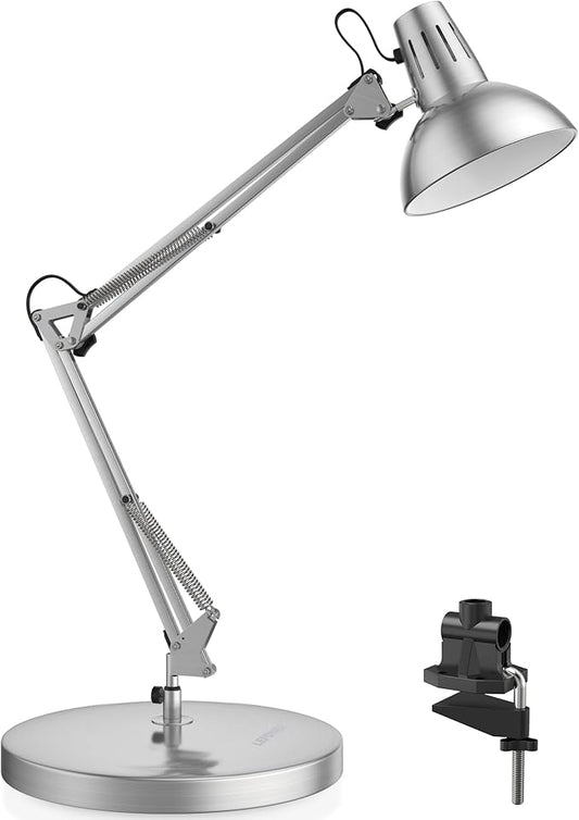 LEPOWER Metal Desk Lamp, Adjustable Goose Neck Architect Table Lamp with On/Off Switch, Swing Arm Desk Lamp with Clamp, Eye-Caring Reading Lamp for Bedroom, Study Room &Office (Silver)