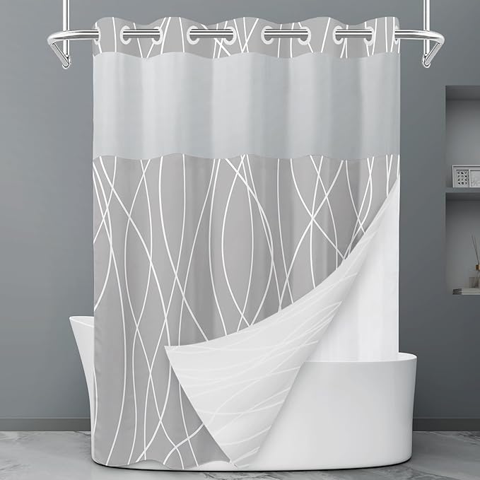 No Hook Light Grey Striped Shower Curtain with Snap in Liner Set - Hotel Shower Curtain and Liner Set with See Through Mesh Top Window,Machine Washable, 71x74 INCH