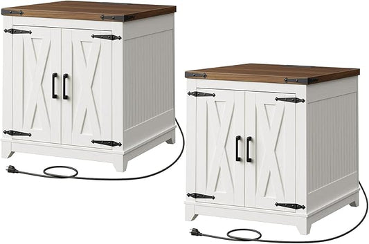Farmhouse End Table Set of 2, Sofa Side Table with Charging Station and Adjustable Shelf, Wooden Nightstand for Living Room, Bedroom, White and Walnut