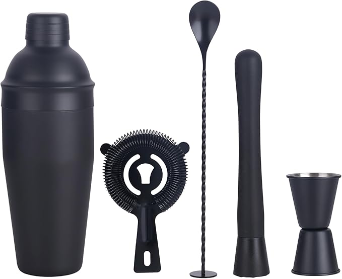 Cocktail Shaker Set Bartender Kit,5 Piece Bar Set Stainless Steel Bar Tools Set for Professional Bartender and Home (Matte Black, 5-Piece)