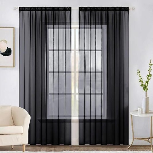 MIULEE 2 Panels Solid Color Sheer Window Curtains Elegant Halloween Window Voile Panels/Drapes/Treatment for Bedroom Living Room (54X96 Inches Black)