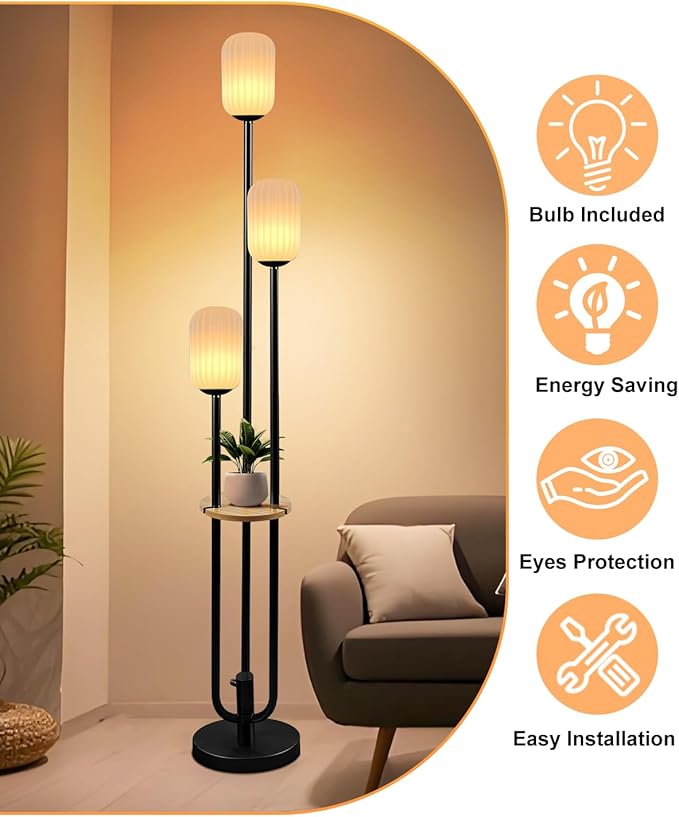 Lightdot Black Dimmable Floor Lamp with Shelf, Modern Floor Lamps with Oval Striped Lampshade 3000K Soft Warm White 3-Lights Candle Holder Style Tall Lamp for Living Room/Bedroom