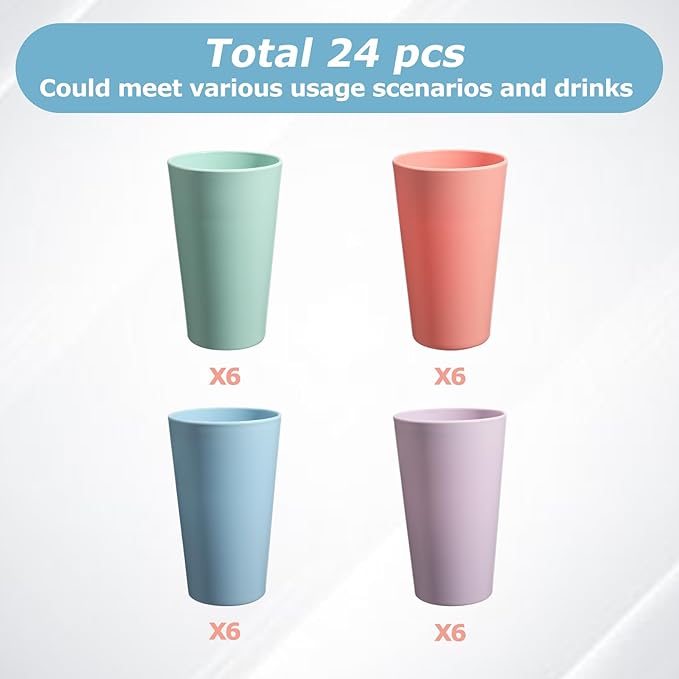 24 Pcs Unbreakable Plastic Cups Set, 20 oz Reusable Plastic Cups, Stackable Water Tumblers, Drinking Cup for Kitchen, Outdoor, BPA-free, Dishwasher Refrigerator and Microwave Safe (20 oz, 4 Colors)