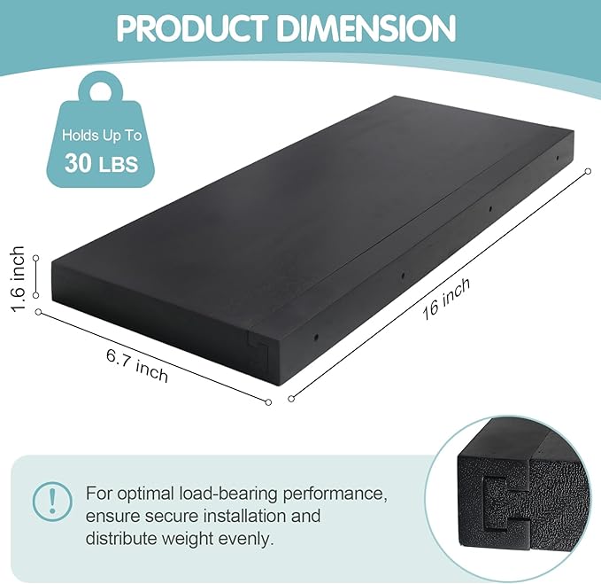 Solid Walnut Floating Shelves for Wall, 16"*6.7"*1.6"Real Thick Wood Mounted Wall Display Shelf with Joinery for Home Decor, Bathroom,Kitchen Set of 1（ Black Stain）