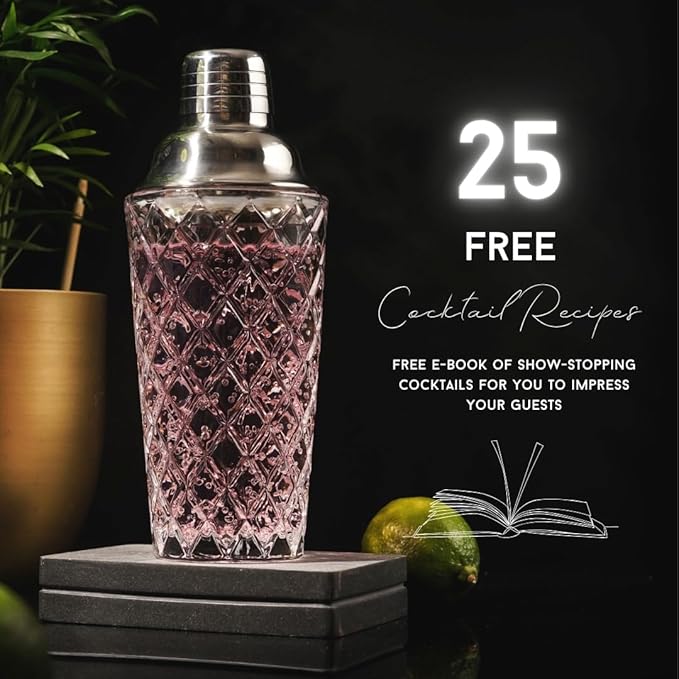 Silver Cocktail Shaker Glass Set - 5 Piece Martini Shaker Set with Strainer, Jigger, Spoon & Muddler - 16oz Crystal Shaker - Ideal Gift for Home Bar & Drink Trolley Décor