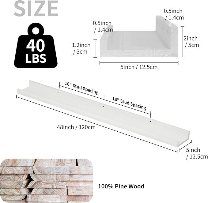 SAUMONIERES Picture Ledge Shelf Floating Book Shelves Set of 2 Wall Mounted Solid Wood for Bedroom Bathroom Living Room Kitchen, 48 Inch White