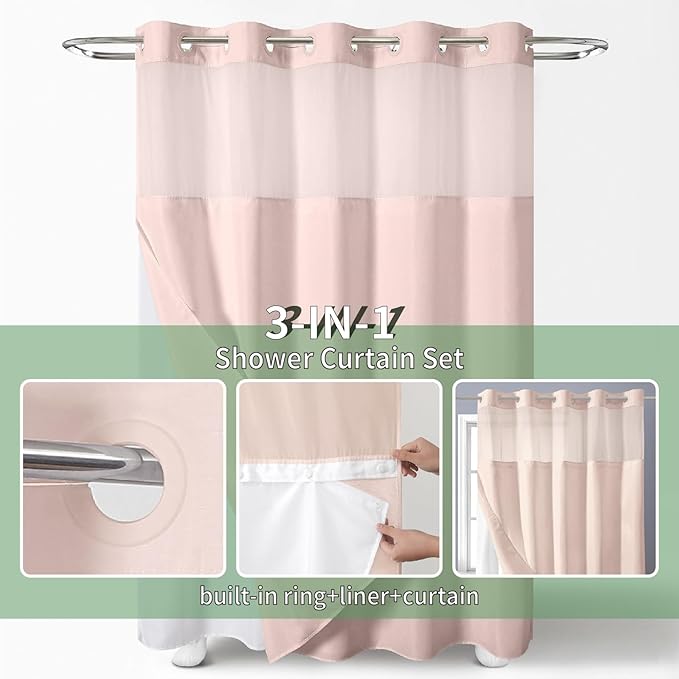 Blush No Hook Shower Curtain with Snap-in Fabric Liner Set,Slub Textured Fabric Shower Curtains for Bathroom,Hotel Style Modern Shower Curtain,Water Repellent & Washable,71x74(72)