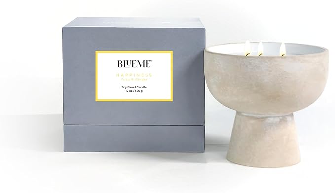 BLUEME Yuzu & Ginger, Luxury Candle w/Essential Oils, 3 Wick, Hand-Poured Soy, Cotton Wick, Ceramic