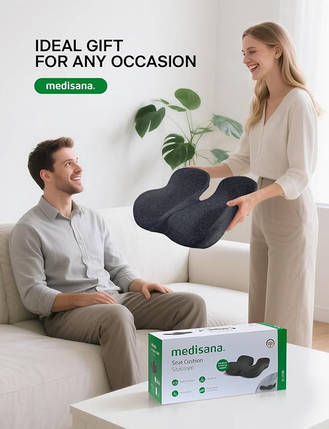 Medisana Seat Cushion, SC 150B Seat Cushions for Office Chairs, Car Seat, Wheelchair - Sciatica & Tailbone & Coccyx Pain Relief Pillow for Driver Sedentary People（Size:19.6 * 16.6 * 3.7 in-Black）