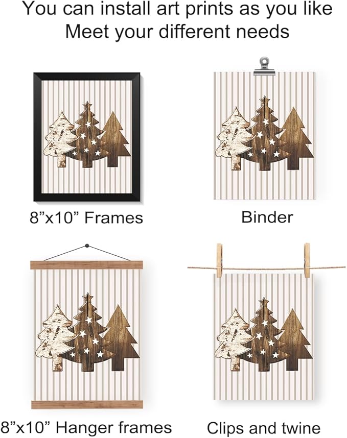 Wheatwin Boho Christmas Decor, Neutral Christmas Decor, Merry Christmas Wall Art Prints Set of 4, Wooden Christmas Tree Winter Decorations for Office Bedroom Living Room, 8x10 (Unframed)