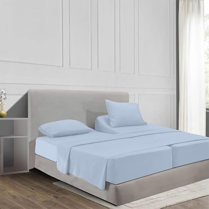 100% Egyptian Cotton Split King Sheet Set 1000 Thread Count Luxury Hotel Soft and Smooth Split King Size Bed Sheets Set 16" Deep Pocket, Long Staple Cotton, Sateen Weave - 5 Piece, Sky Blue