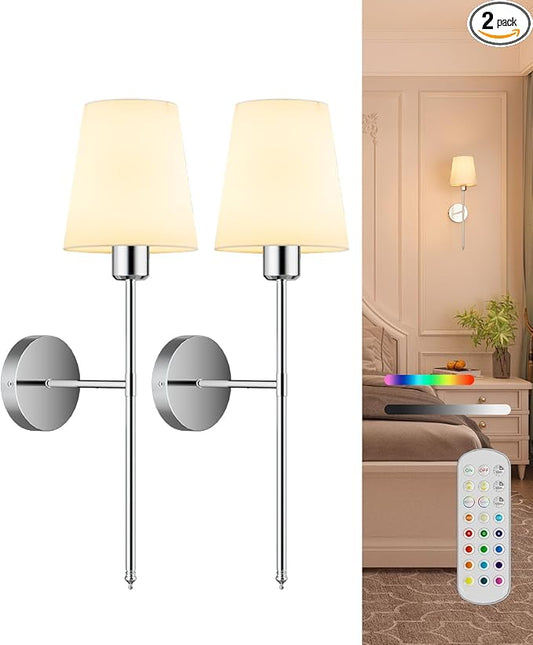 Battery Operated Wall Sconce Set of 2,Rechargeable Wall Lights with Dimmable Detachable Bulbs and Remote,15 Colors Wireless Wall Lamps for Bedroom Living Room Hallway,Nickel(2 Pack)