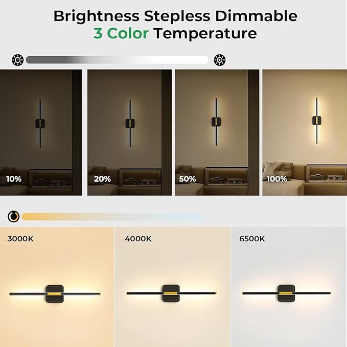 10000mAh Battery Operated Wall Sconce Detachable, Wireless Wall Lamp 3000-6500K Dimmable, Rechargeable Wall Light for Bedroom, Living Room, 28.3" Black Gold (4 Pack)