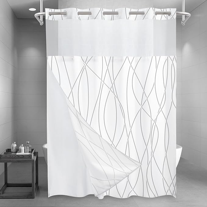 No Hook Grey Shadow Striped Long Shower Curtain with Snap in Fabric Liner Set - Hotel Shower Curtain and Liner Set with See Through Mesh Top Window,Machine Washable, 71x86 INCH