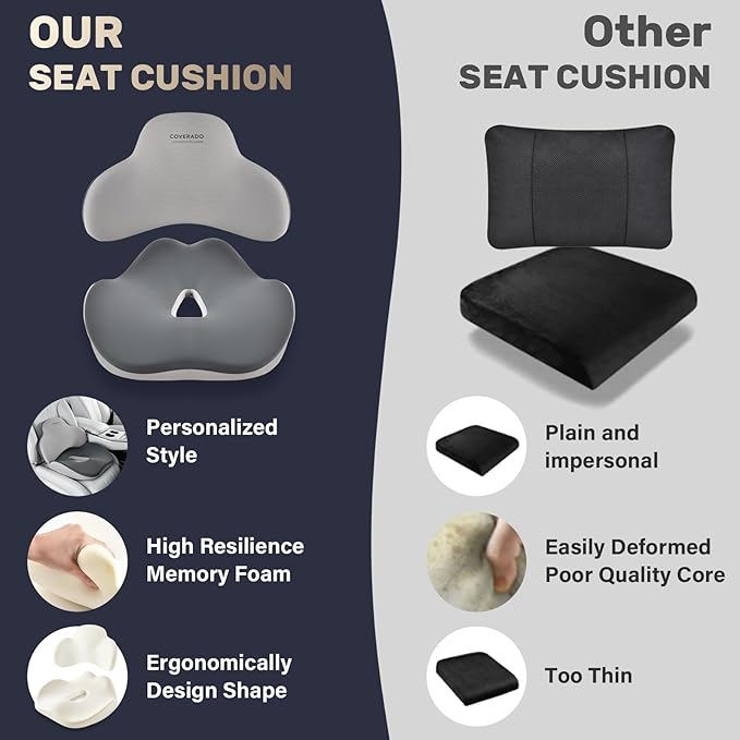 Coverado Seat Cushion and Lumbar Support Pillow for Car Office Chair, Ergonomic Memory Foam Desk Chair Cushion Back Support Pillow, Sciatica & Back & Tailbone Pain Relief Cushion