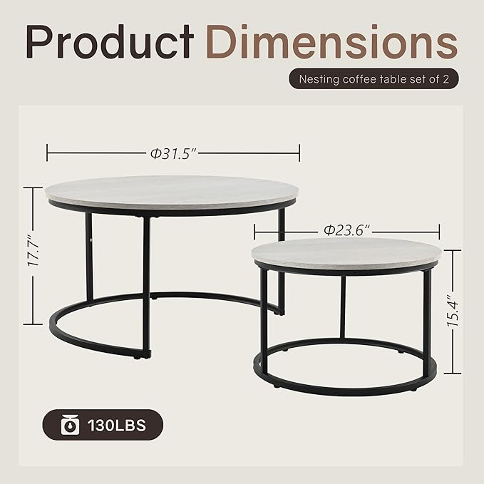 Nesting Tables Set of 2, 31.5" Round Coffee Table, Small Nesting Coffee Table with Adjustable Non-Slip Fee, Wood Grain Top Nesting Tables for Living Room, Bedroom (Wood Grain Grey)
