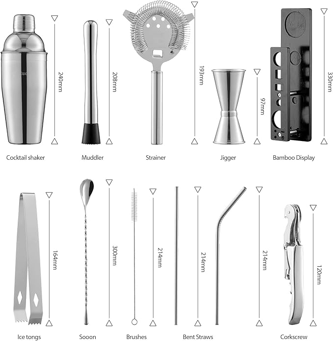 Bartender Kit with Stand, 11 Piece Set, Cocktail Shaker Set 24 oz Shaker Bar Tool Set for Beginner with Recipe
