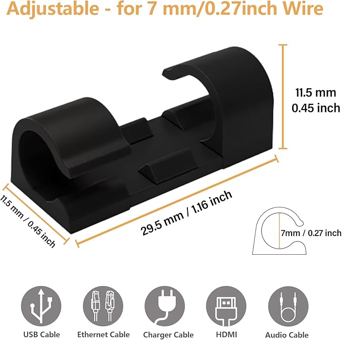 60 Pcs Black Cable Clips with 3M Adhesive, Wire Holders Under Desk, Cord Management for Wall, Car, Ethernet, PC, Christmas Light Indoor/Outdoor