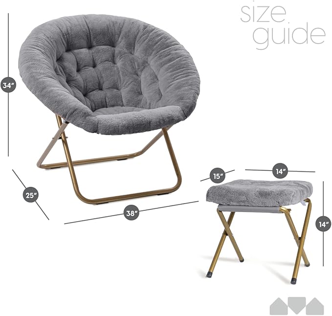 Milliard Cozy Chair with Footrest Ottoman/Faux Fur Saucer Chair for Bedroom/X-Large (Grey)