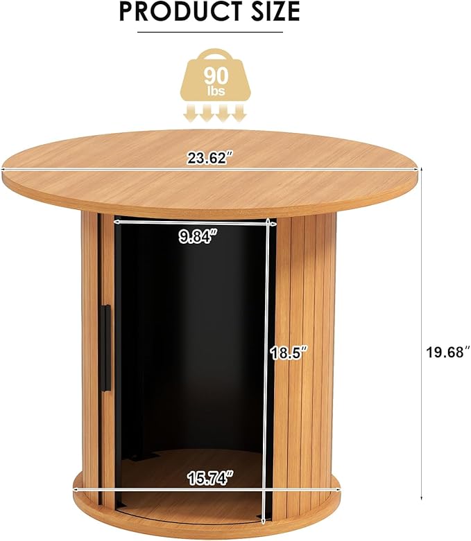 Round Wood Coffee Table 23.6IN with Hidden Storage & Sliding Door, Circle Farmhouse Side Table Sets for Living Room, Bedroom, Balcony, Small Spaces, Natural