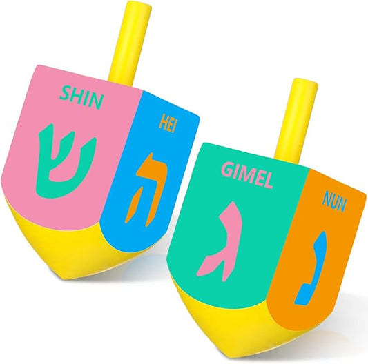 2 Pcs Hanukkah Dreidels Game Toy Extra Large Wooden Dreidel for Hanukkah Decoration with English Transliteration, Forever Spinning Tops Party Favors(Fresh)