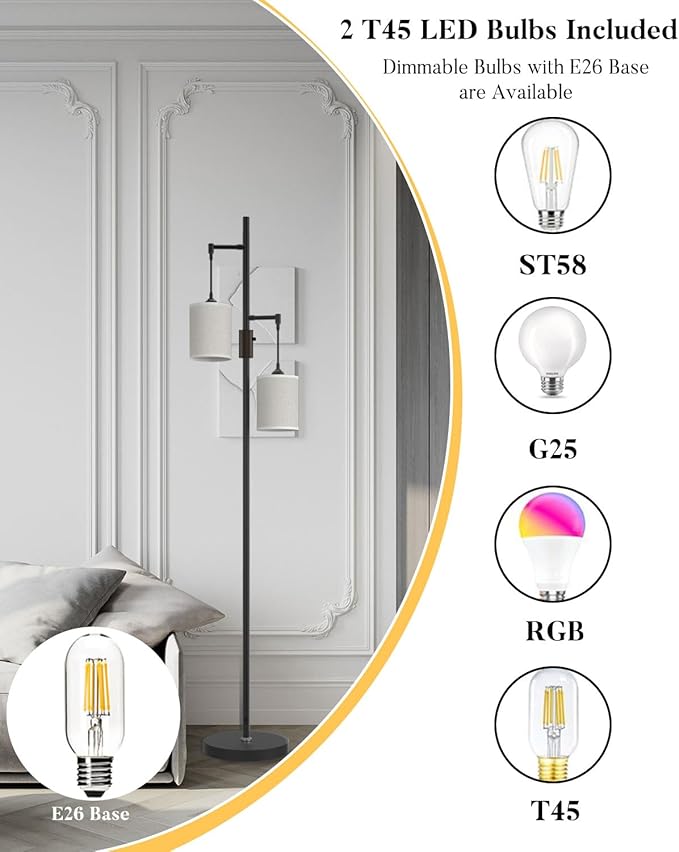 65IN Dimmable (Brightness Adjustable) Tree Floor Lamp, Mid Century Tall Standing Lamps with 2 E26 3000K LED Bulbs, Fabric Shades, Industrial Modern Floor Lamp for Living Room Bedroom