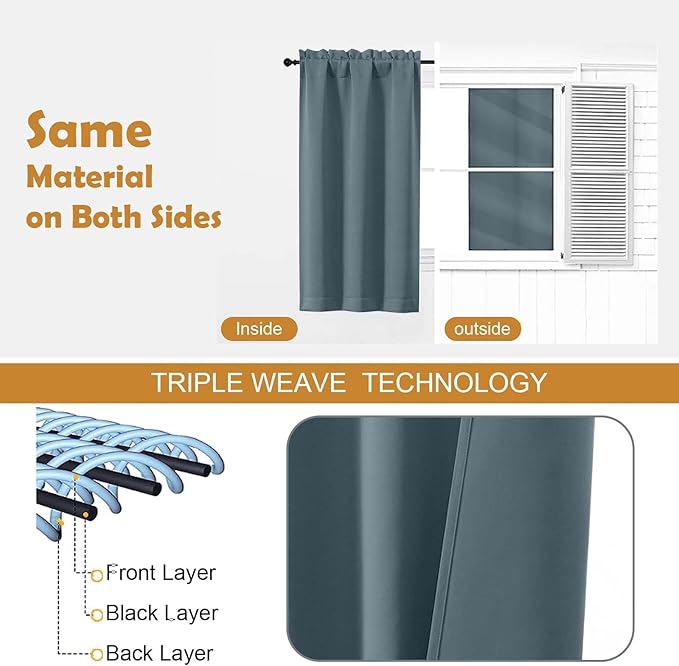 Aiyufeng Stone Blue Short Blackout Curtains for Bedroom 45 Inches Long 2 Panels Set, Solid Thermal Insulated, Energy Saving Window Treatment Curtains Blackout Drapes, W40 x L45 Inch, Stone Blue