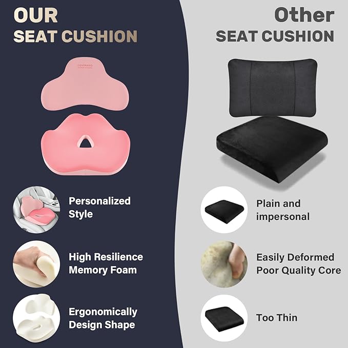 Coverado Car Seat Cushion and Lumbar Support Pillow, Memory Foam Ergonomic Back Support Driving Seat Cushion for Sciatica, Tailbone, Back Pain, Non-Slip Washable Cushion for Car, Driver, Office
