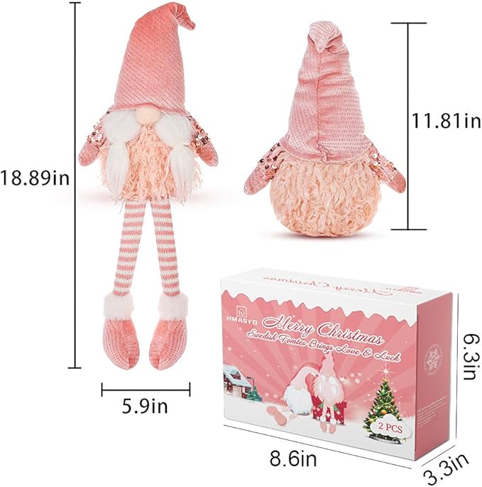 HMASYO Pink Couple Christmas Swedish Gnomes - 2Packs Handmade Swedish Tomte Santa Figurine Plush Elf with Sequin Hat, Long Leg Gnomes Plush Elf Xmas Decor Thanksgiving
